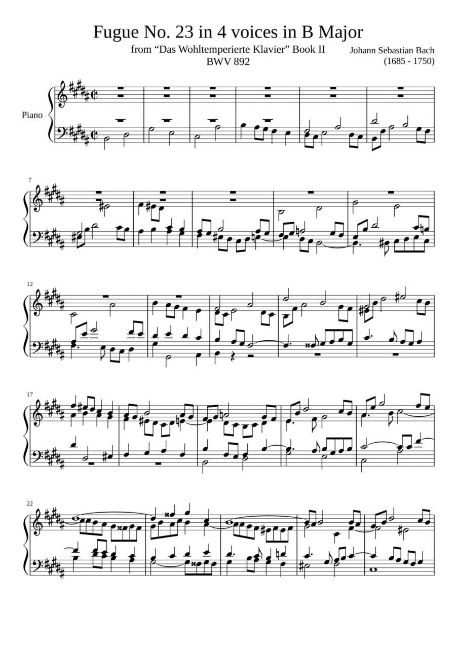 Fugue No. 23 BWV 892 Piano Solo scores gallery preview page 1