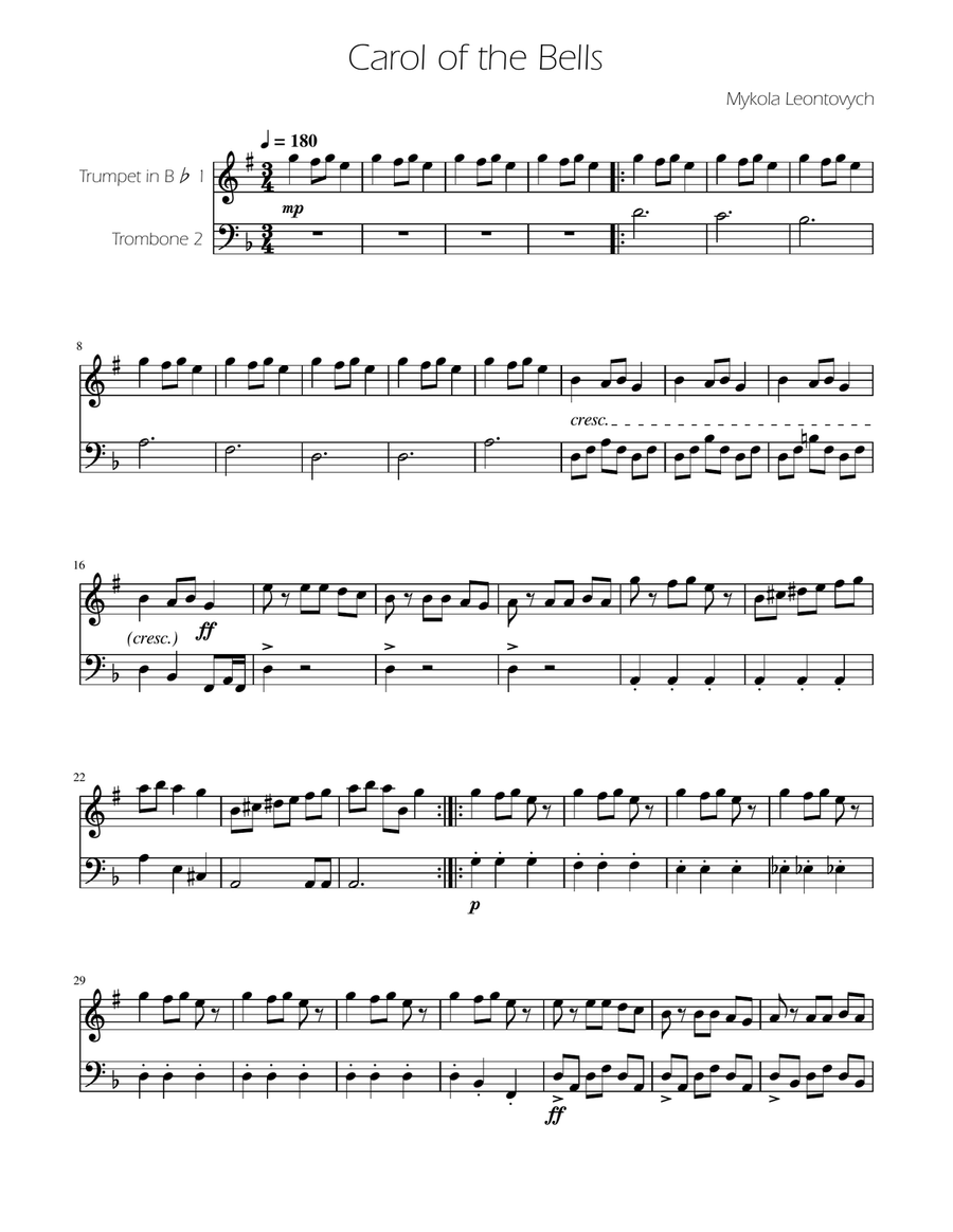 Carol of The Bells - Trumpet and Trombone Duet Brass Duet scores gallery preview page 1