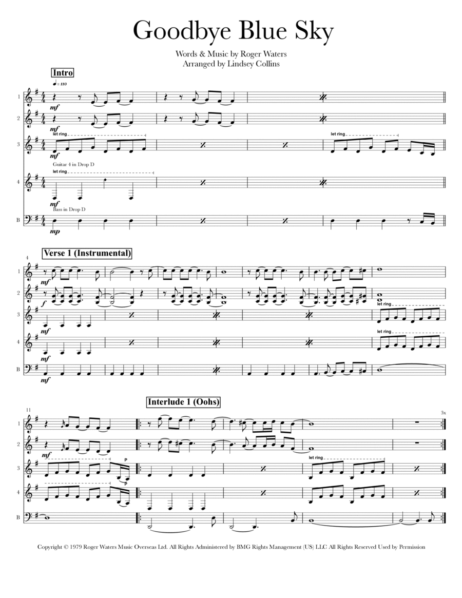 Goodbye Blue Sky Guitar Ensemble scores gallery preview page 1