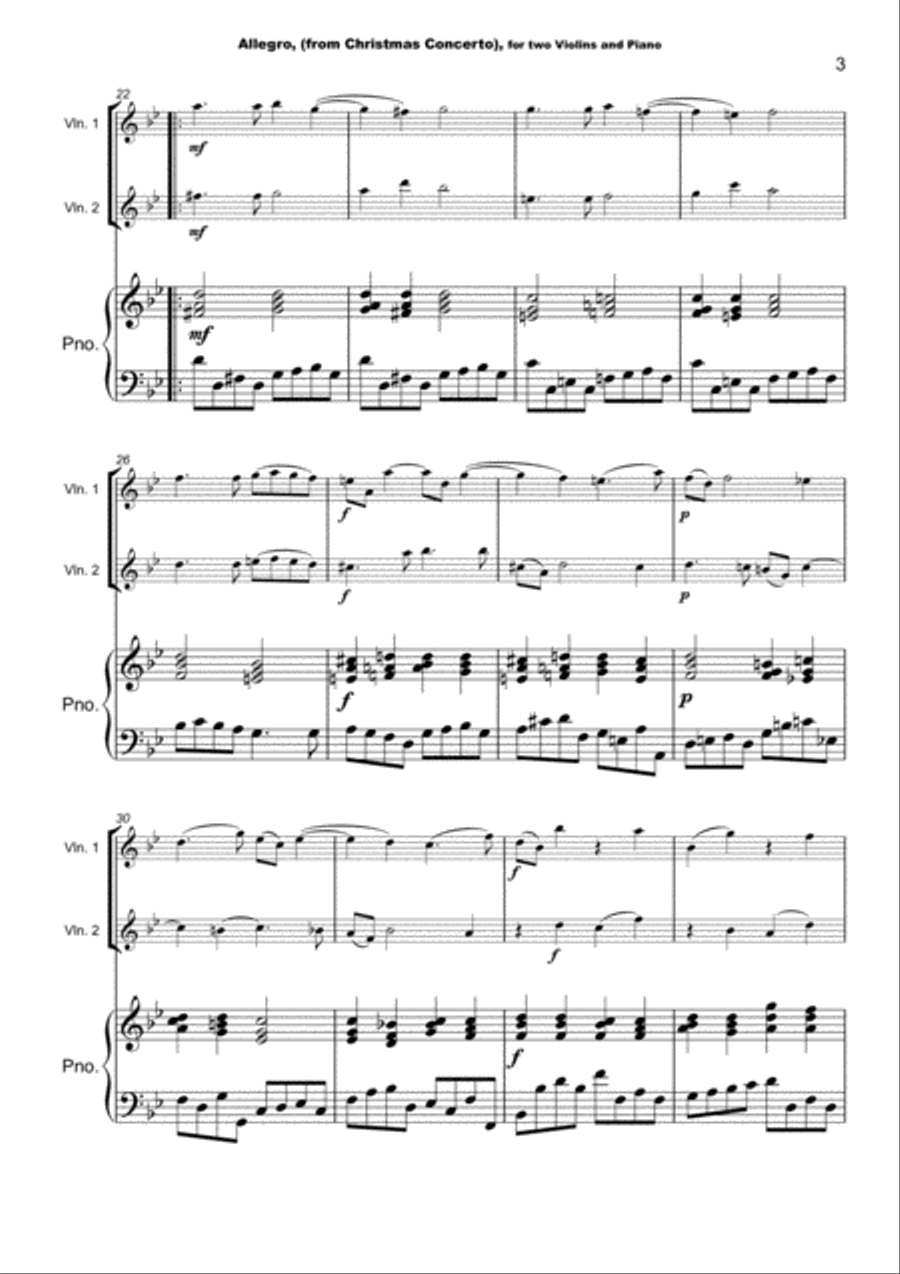 Christmas Concerto, Allegro, by Corelli; for Violin Duet or Solo, with optional Piano String Duet scores gallery preview page 4