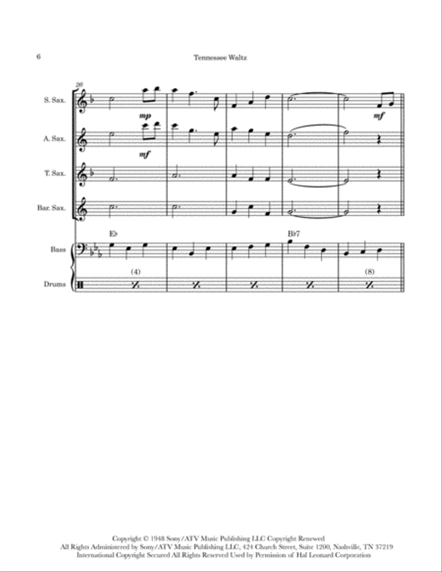 Tennessee Waltz Saxophone Quartet scores gallery preview page 6