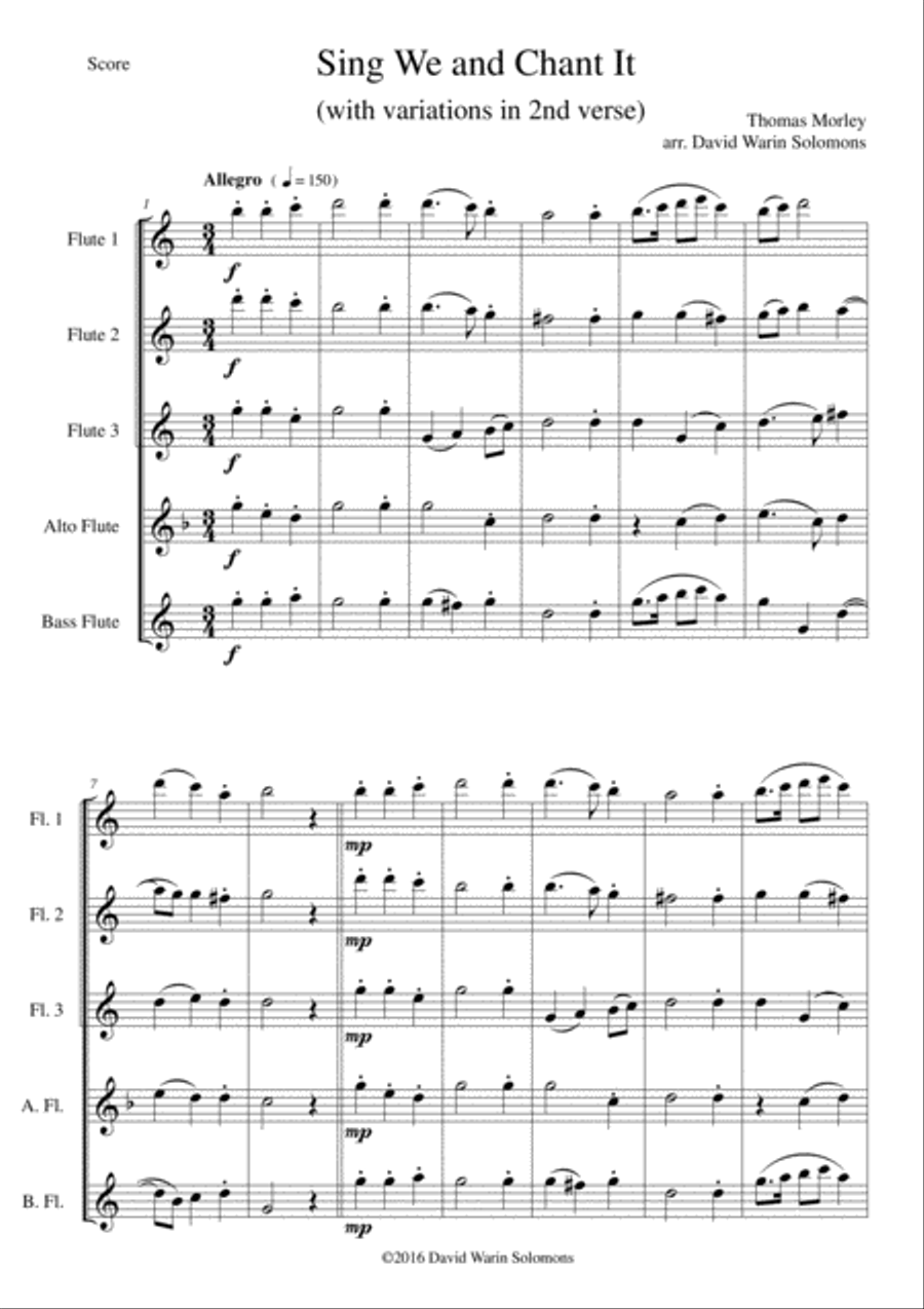 Sing we and chant it (with variations) for flute quintet Flute scores gallery preview page 1
