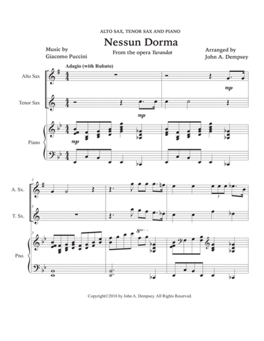 Nessun Dorma (Trio for Alto Sax, Tenor Sax and Piano) image number null