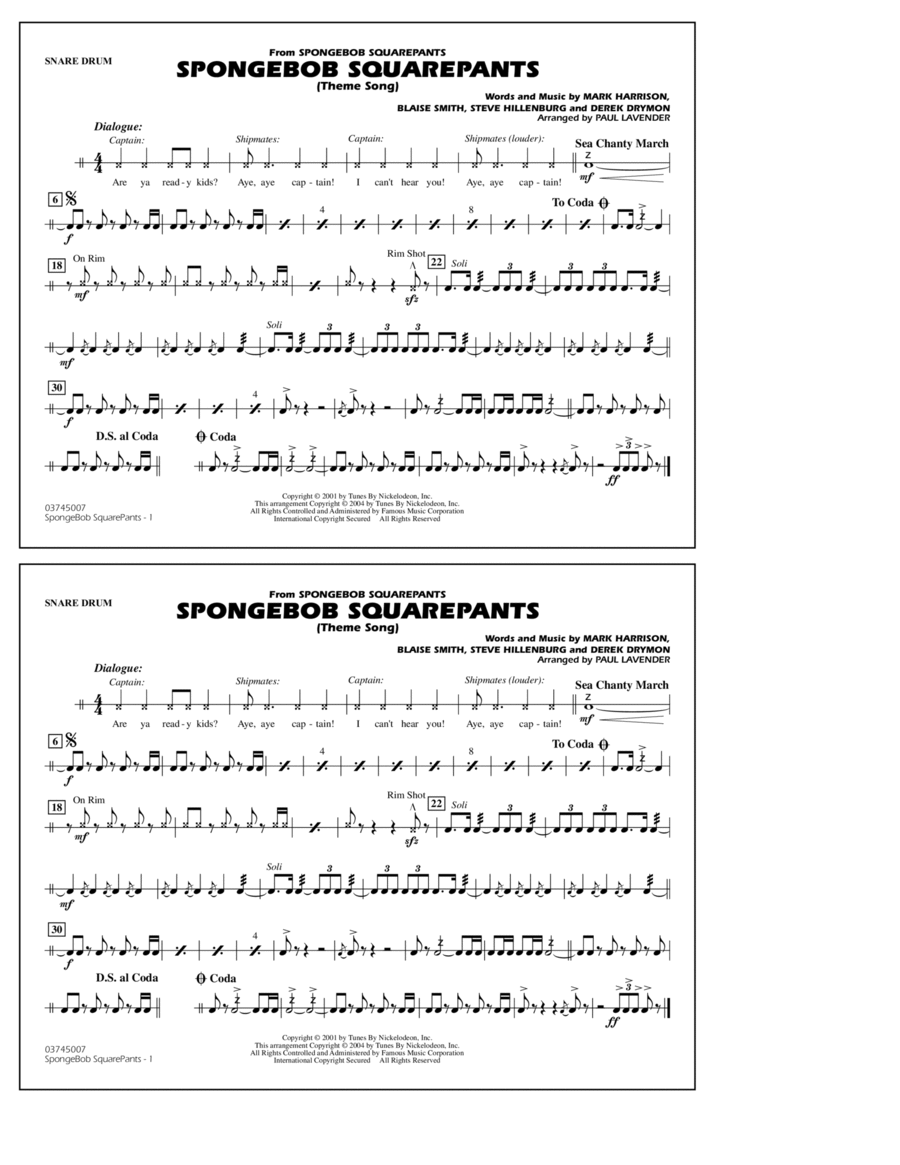 Spongebob Squarepants (Theme Song) (arr. Paul Lavender) - Snare Drum Marching Band scores gallery preview page 1