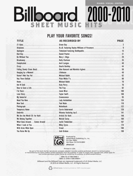 Billboard Sheet Music Hits 2000-2010