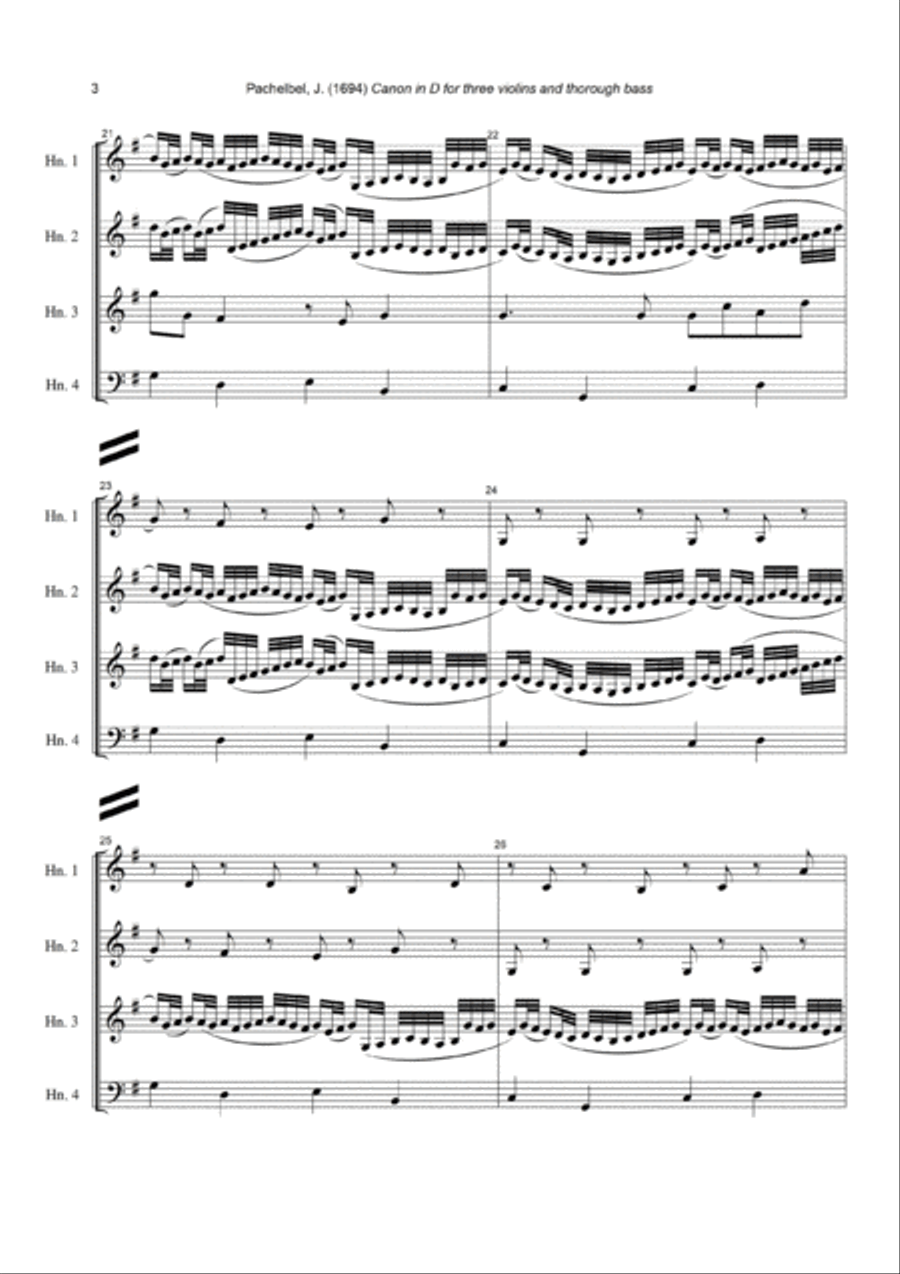 J. Pachelbel - Canon in D-dur, arr. for Horn Quartet (or 3 Horns & Bass Instrument) Brass Ensemble scores gallery preview page 3