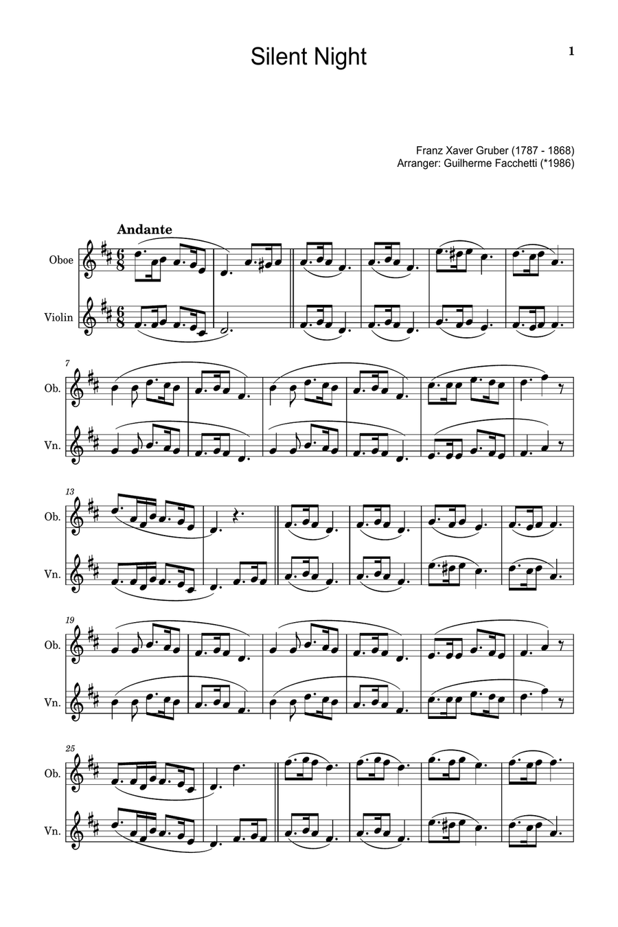 Silent Night - Arranged for Oboe and Violin. Chamber Music scores gallery preview page 1