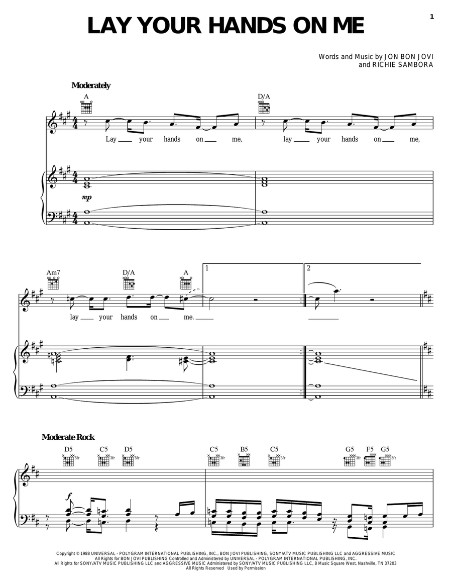 Lay Your Hands On Me Piano, Vocal, Guitar scores gallery preview page 1