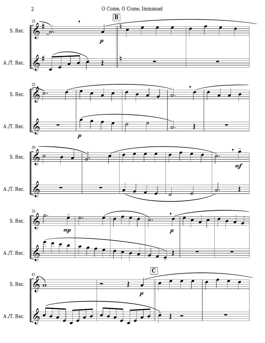 O Come, O Come, Immanuel (Emmanuel) - Recorder Duet (Em-Am) Woodwind Duet scores gallery preview page 2