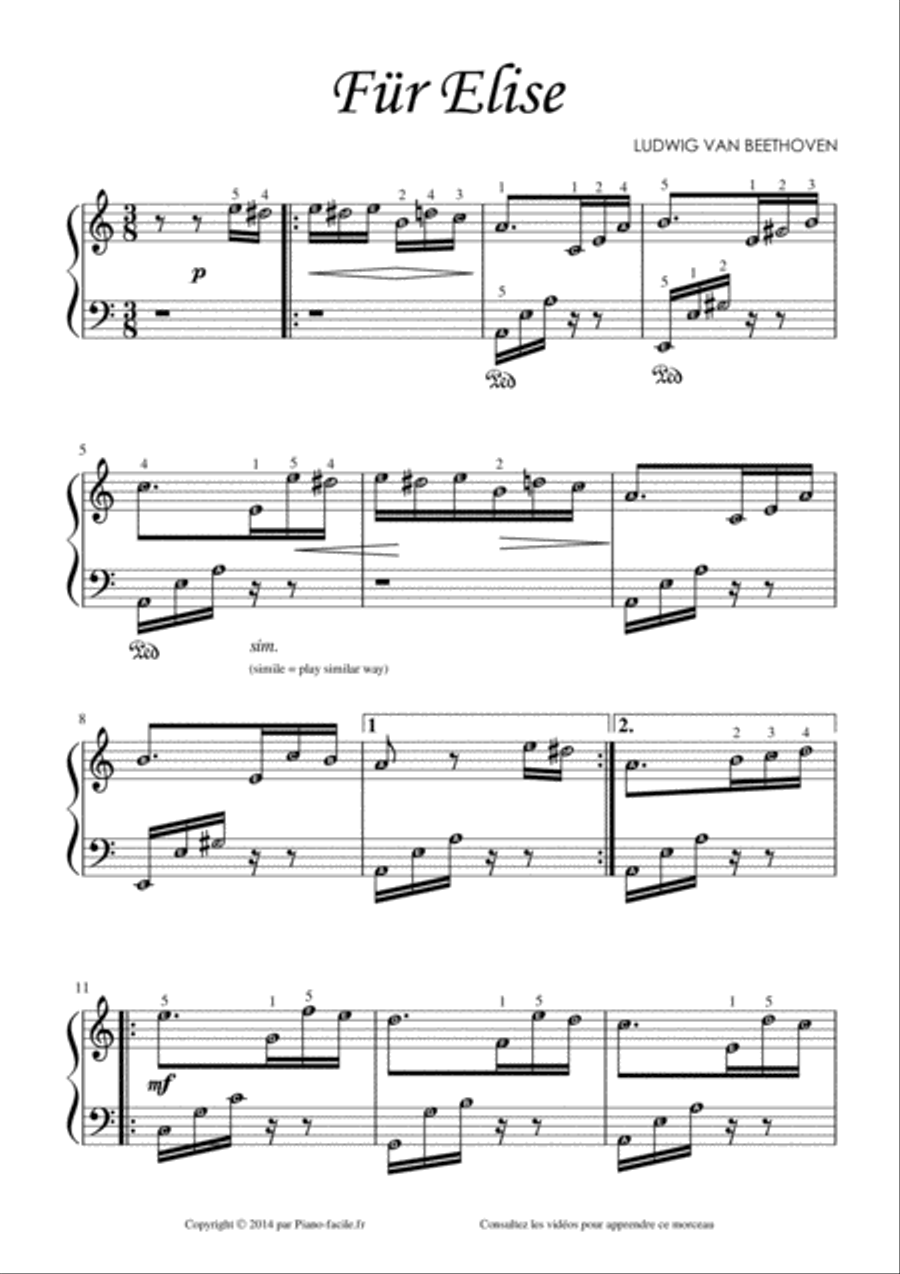Fur Elise (Grade 1) with note names alphabets and finger numbers Easy Piano scores gallery preview page 1