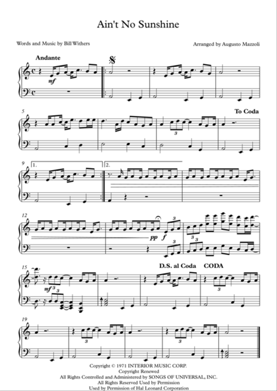 Ain't No Sunshine Easy Piano scores gallery preview page 1