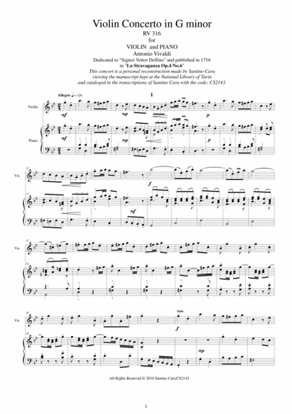 Vivaldi - Violin Concerto in G minor RV 316 Op.4 No.6 for Violin and Piano image number null