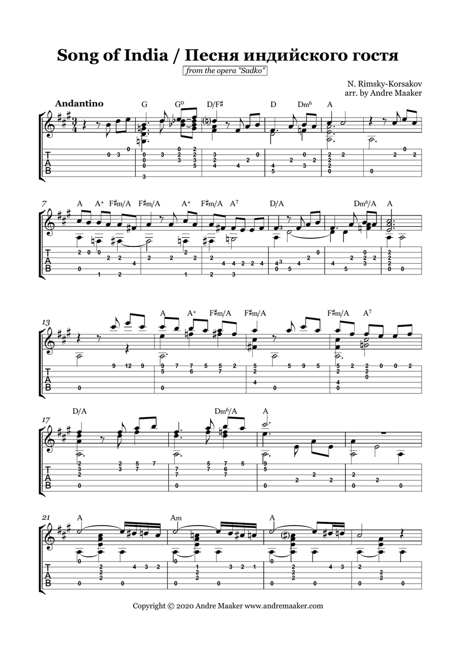 "Song of India / Песня индийского гостя" - guitar arrangement with TAB and chord symbols image number null