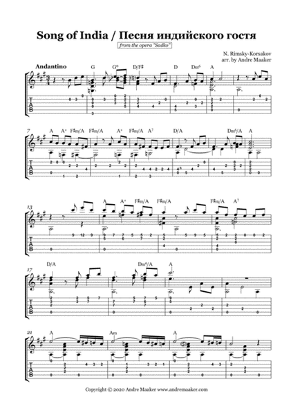 "Song of India / Песня индийского гостя" - guitar arrangement with TAB and chord symbols image number null