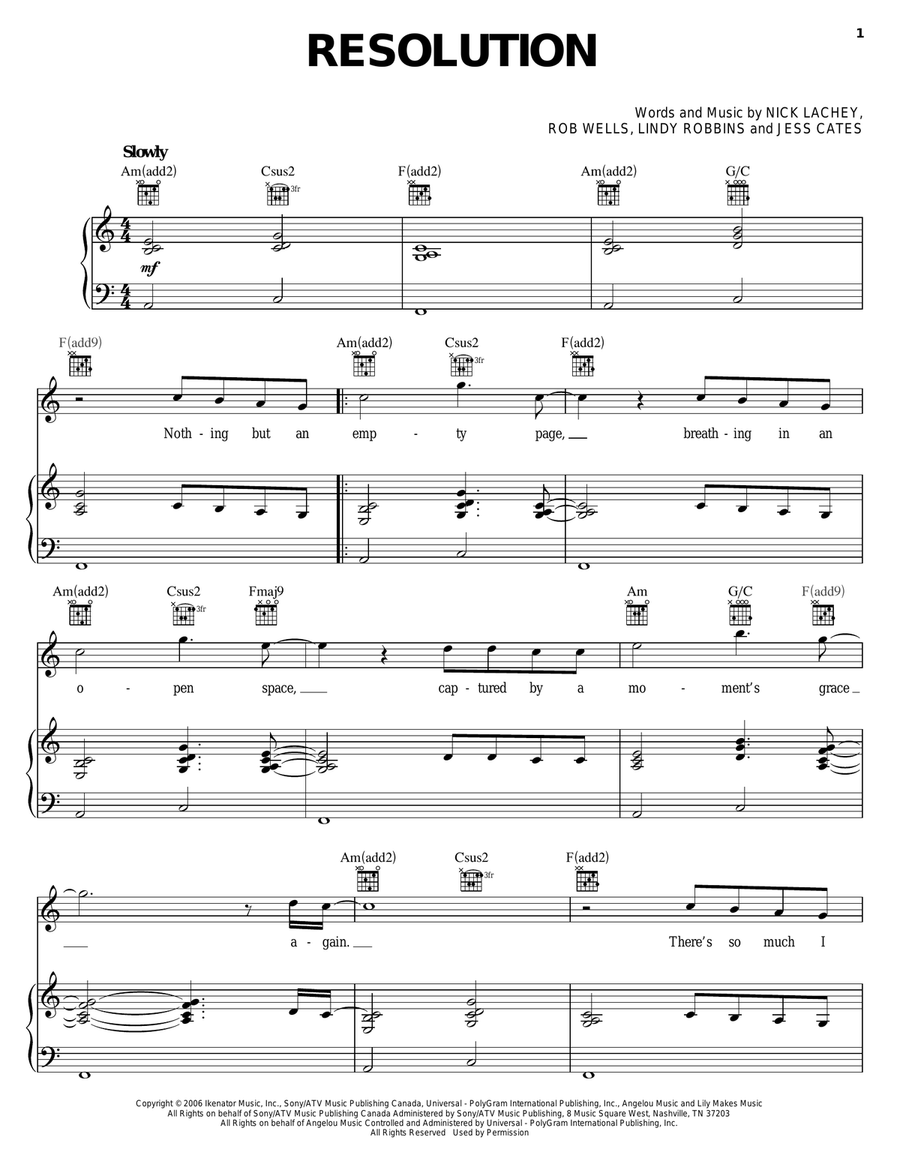 Resolution Piano, Vocal, Guitar scores gallery preview page 1