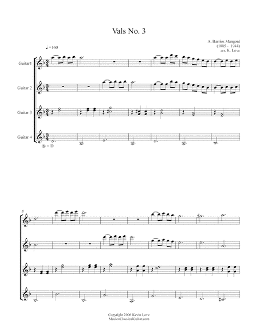 Vals No. 3 (Guitar Quartet) - Score and Parts Guitar Ensemble scores gallery preview page 1