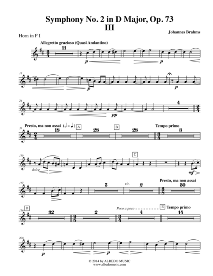 Brahms Symphony No. 2, Movement III - Horn in F 1 (Transposed Part), Op. 73 Horn Solo scores gallery preview page 1