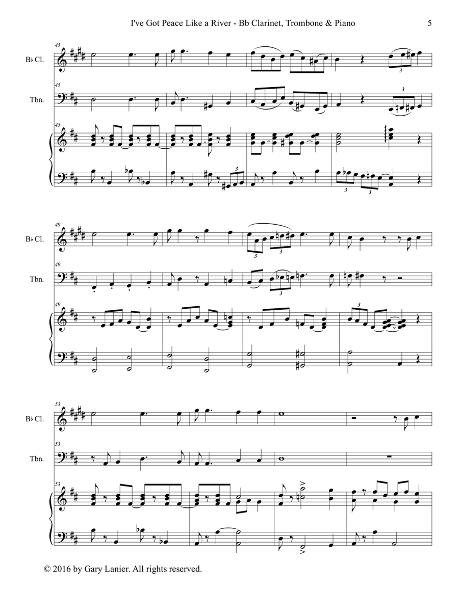 Gary Lanier: I'VE GOT PEACE LIKE A RIVER (Trio – Bb Clarinet, Trombone & Piano with Parts) Trombone Trio scores gallery preview page 6