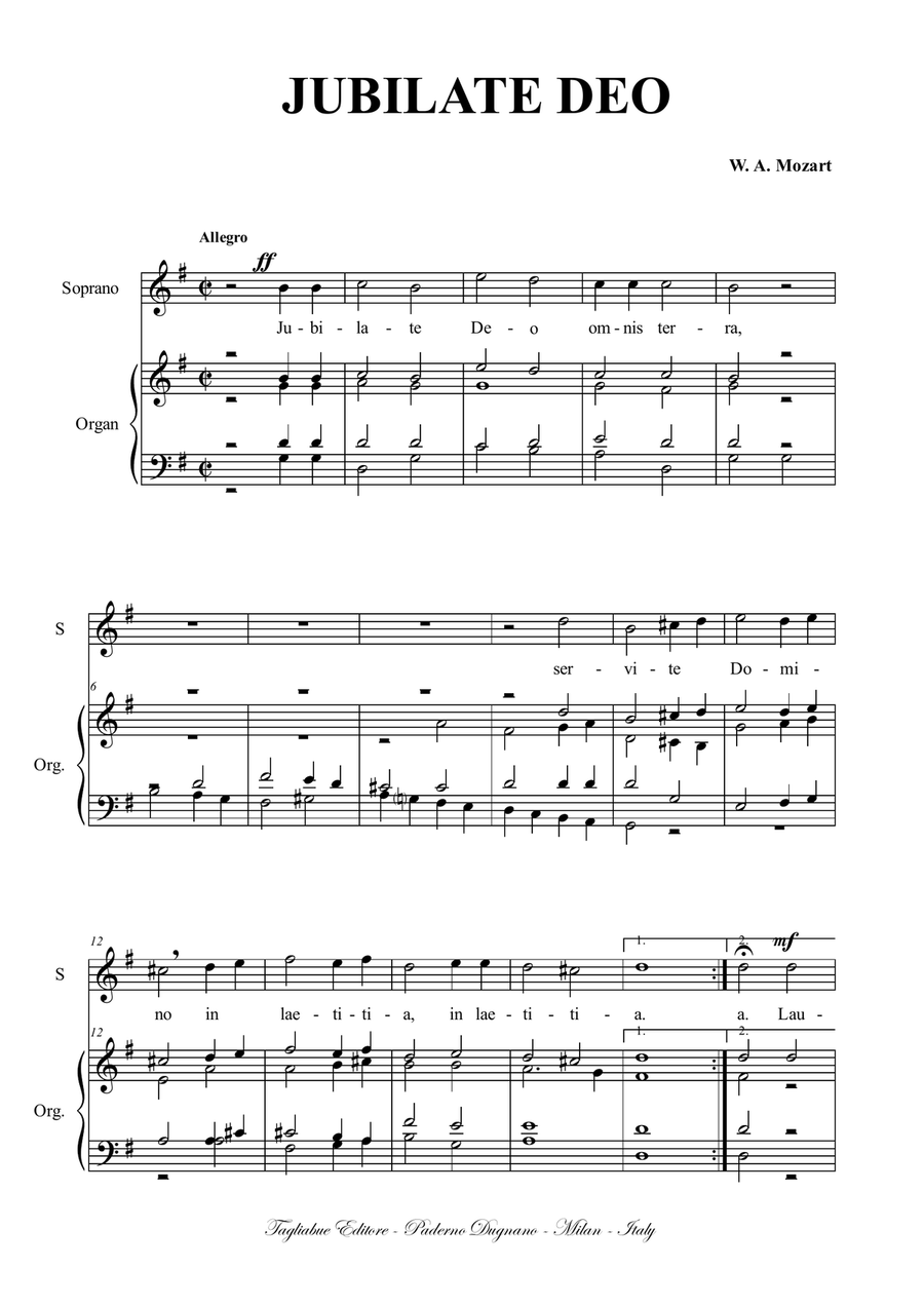 JUBILATE DEO - Mozart - Arr. for Soprano (or Tenor) and Organ JUBILATE DEO - Mozart - Arr. for Soprano (or Tenor) and Organ Piano, Vocal scores gallery preview page 1