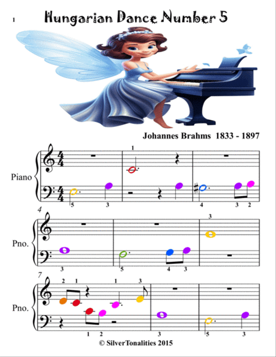 Hungarian Dance Number 5 Beginner Piano Sheet Music with Colored Notation Easy Piano scores gallery preview page 2