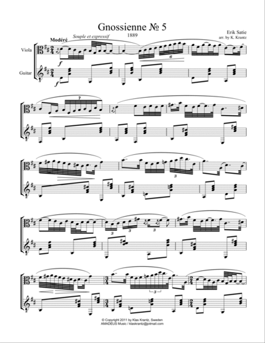 Gnossienne no. 5 for viola and guitar Viola Solo scores gallery preview page 2