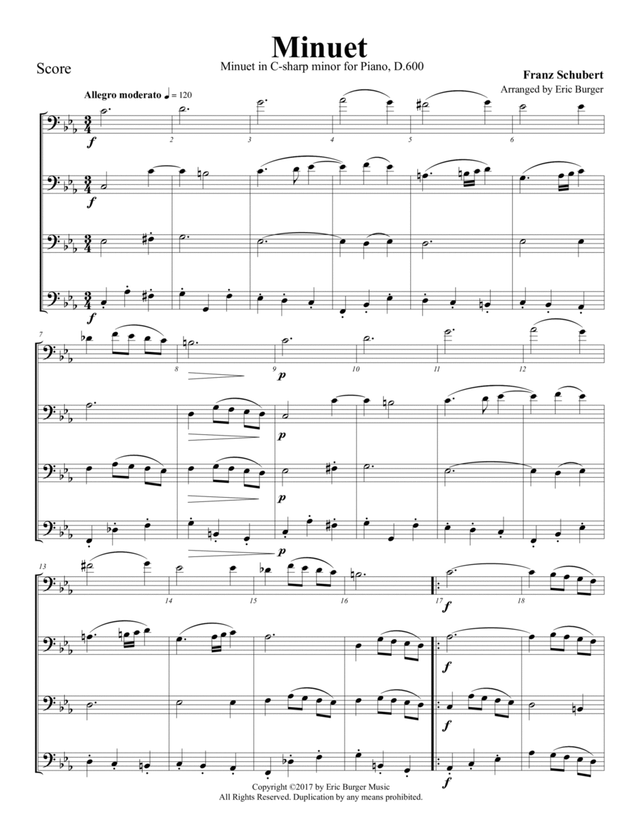 Minuet for Trombone or Low Brass Quartet Brass Quartet scores gallery preview page 1