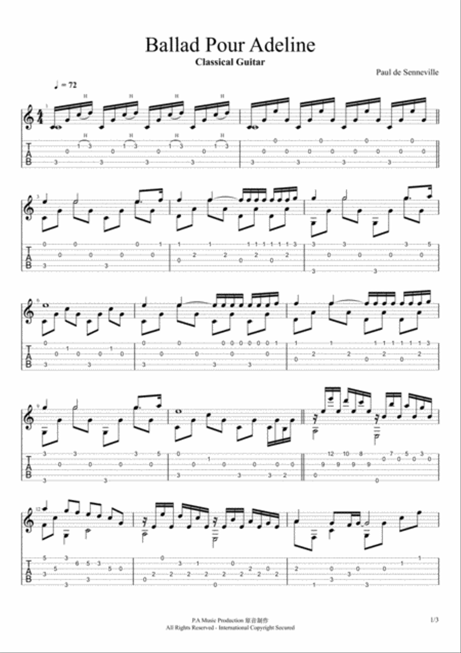 Ballad Pour Adeline- Classical Guitar Acoustic Guitar scores gallery preview page 1