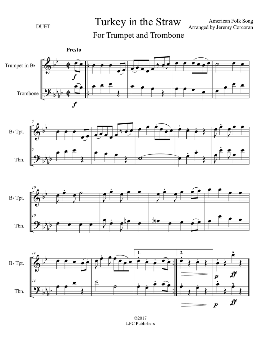 Turkey in the Straw For Trumpet and Trombone Brass Duet scores gallery preview page 1