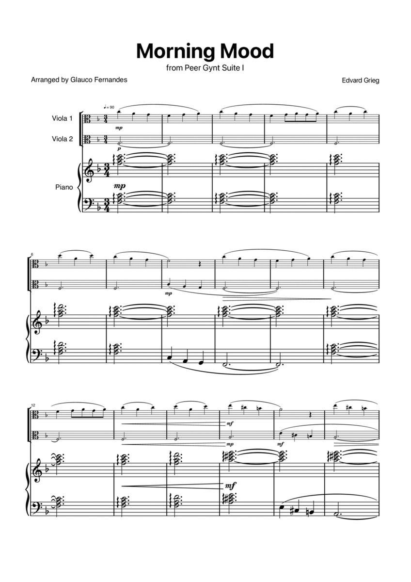 Morning Mood by Grieg for Viola Duet with Piano image number null