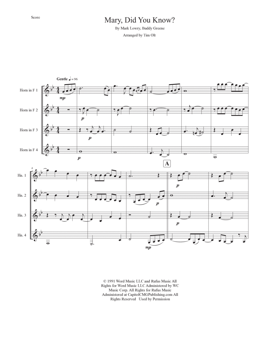 Mary, Did You Know? Brass Quartet scores gallery preview page 1