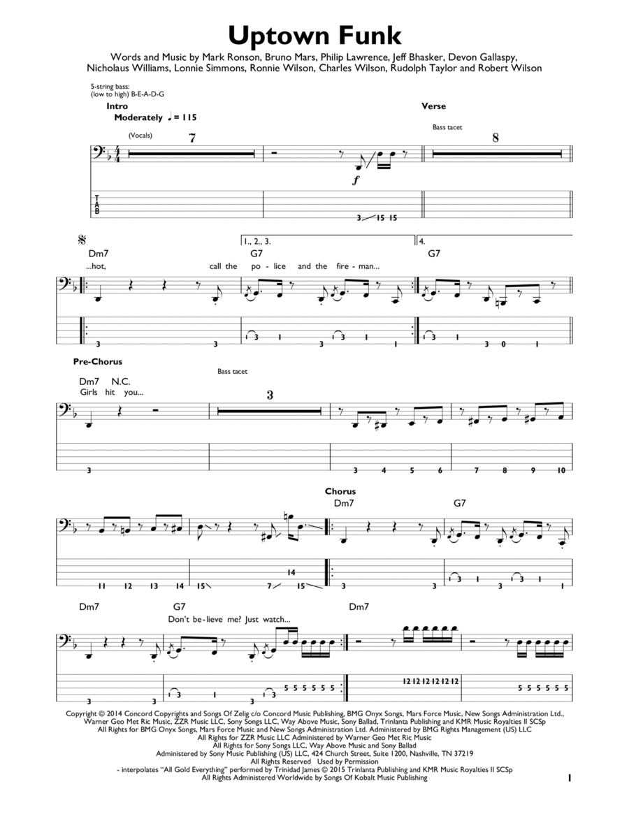 Uptown Funk (feat. Bruno Mars) Bass Guitar scores gallery preview page 1