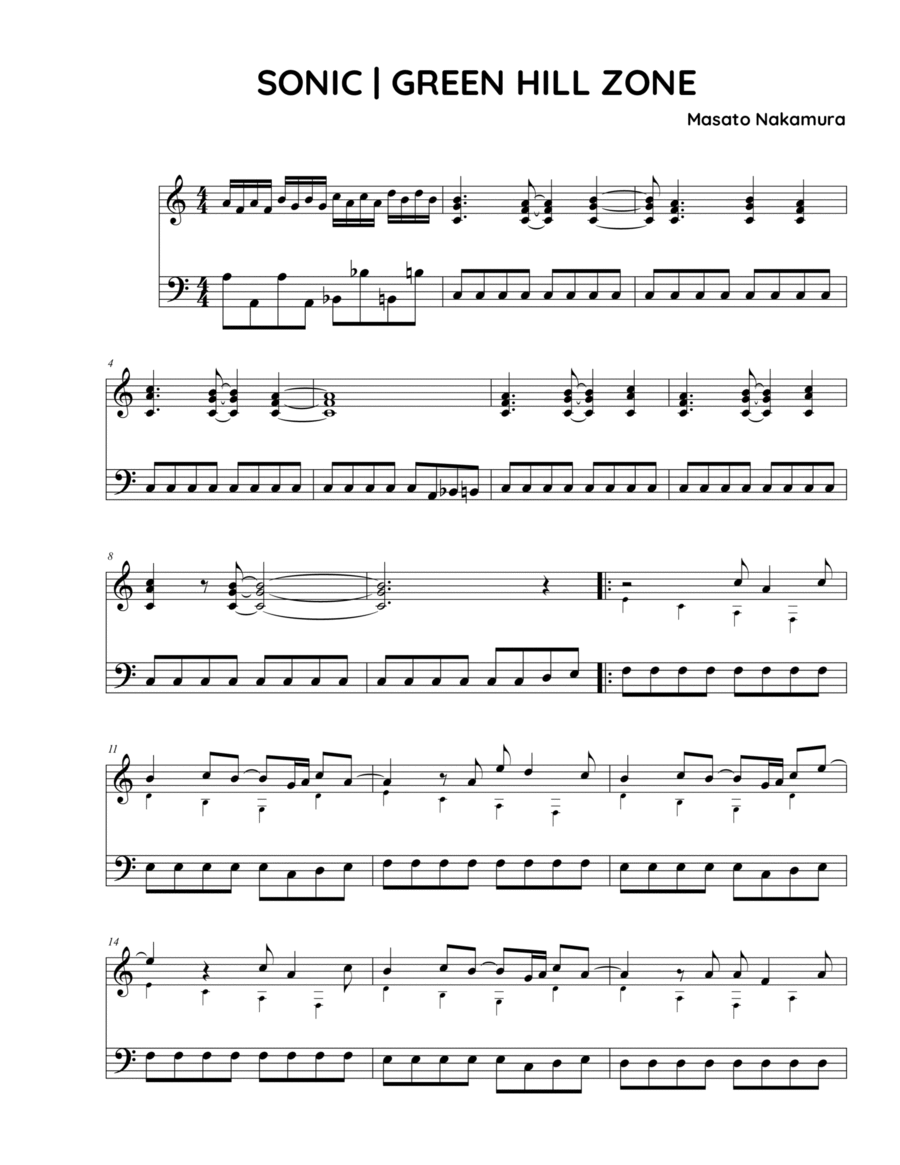 Up On The Green Hill From Sonic The Hedgehog Green Hill Zone Piano Solo scores gallery preview page 1