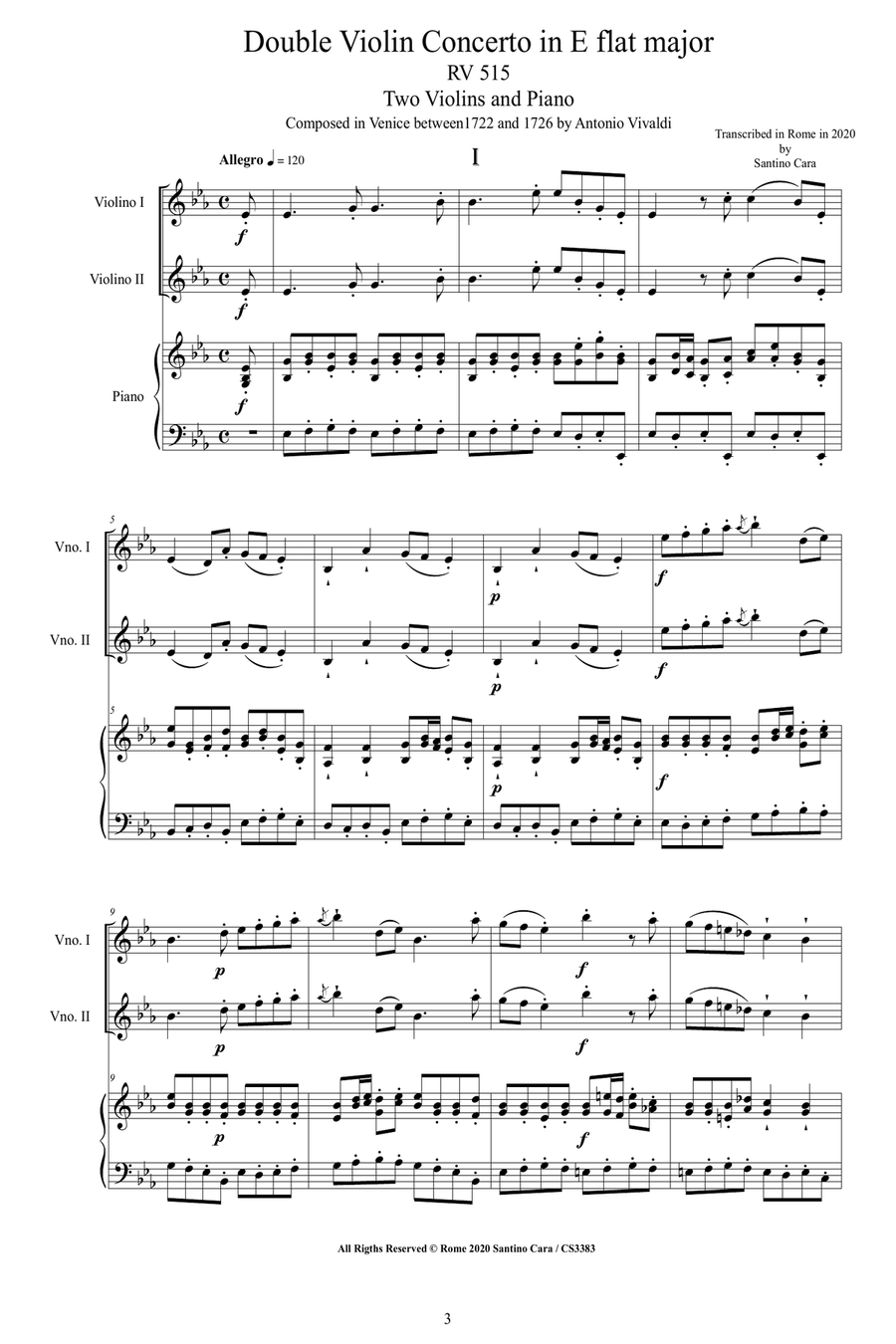 Vivaldi - Double Violin Concerto in E flat major RV 515 for Two Violins and Piano String Duet scores gallery preview page 3
