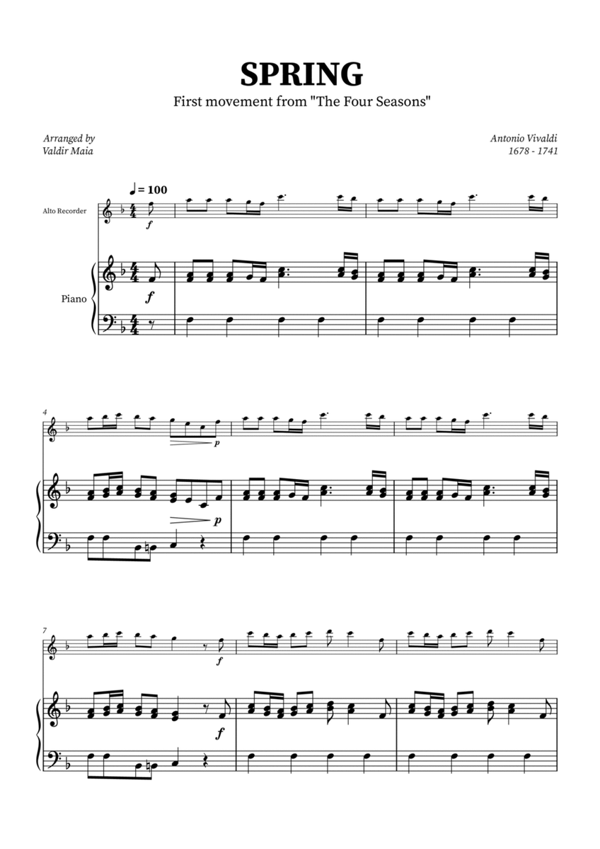 Spring - The Four Seasons for Alto Recorder with Piano Accompaniment image number null