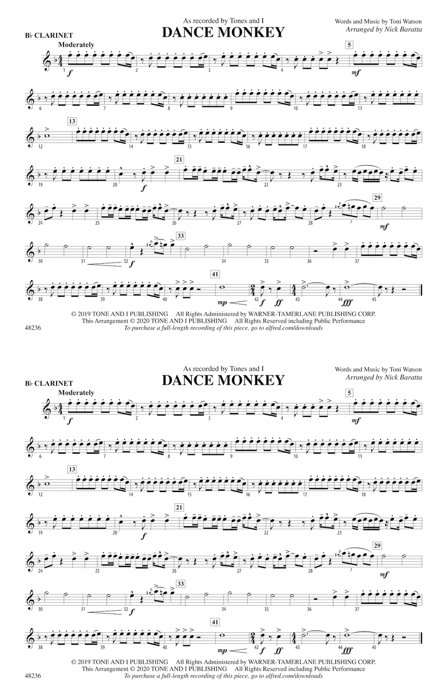Dance Monkey: 1st B-flat Clarinet Marching Band scores gallery preview page 1