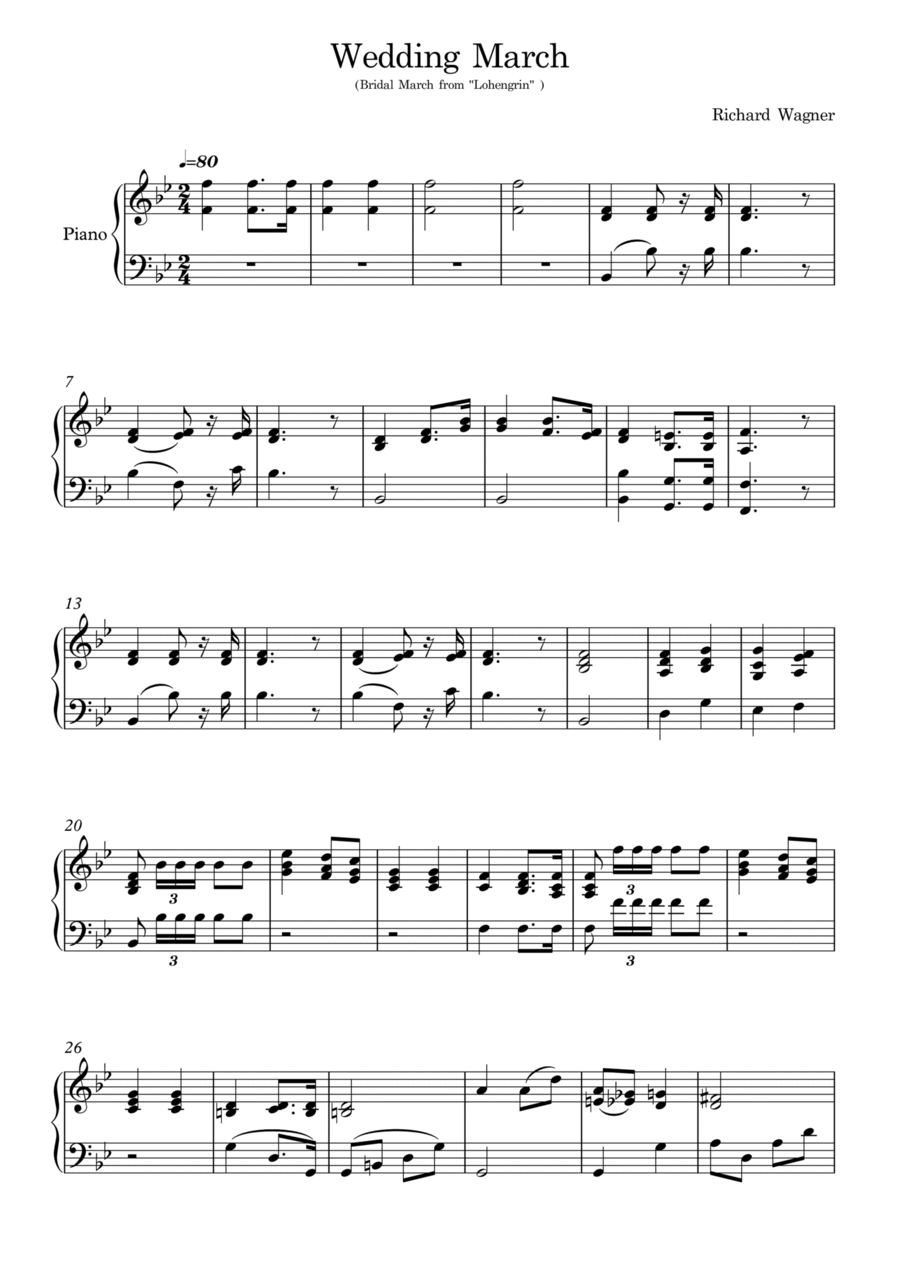 Wedding March - Bridal March from Lohengrin (Opera Richard Wagner) for piano. Piano Solo scores gallery preview page 1