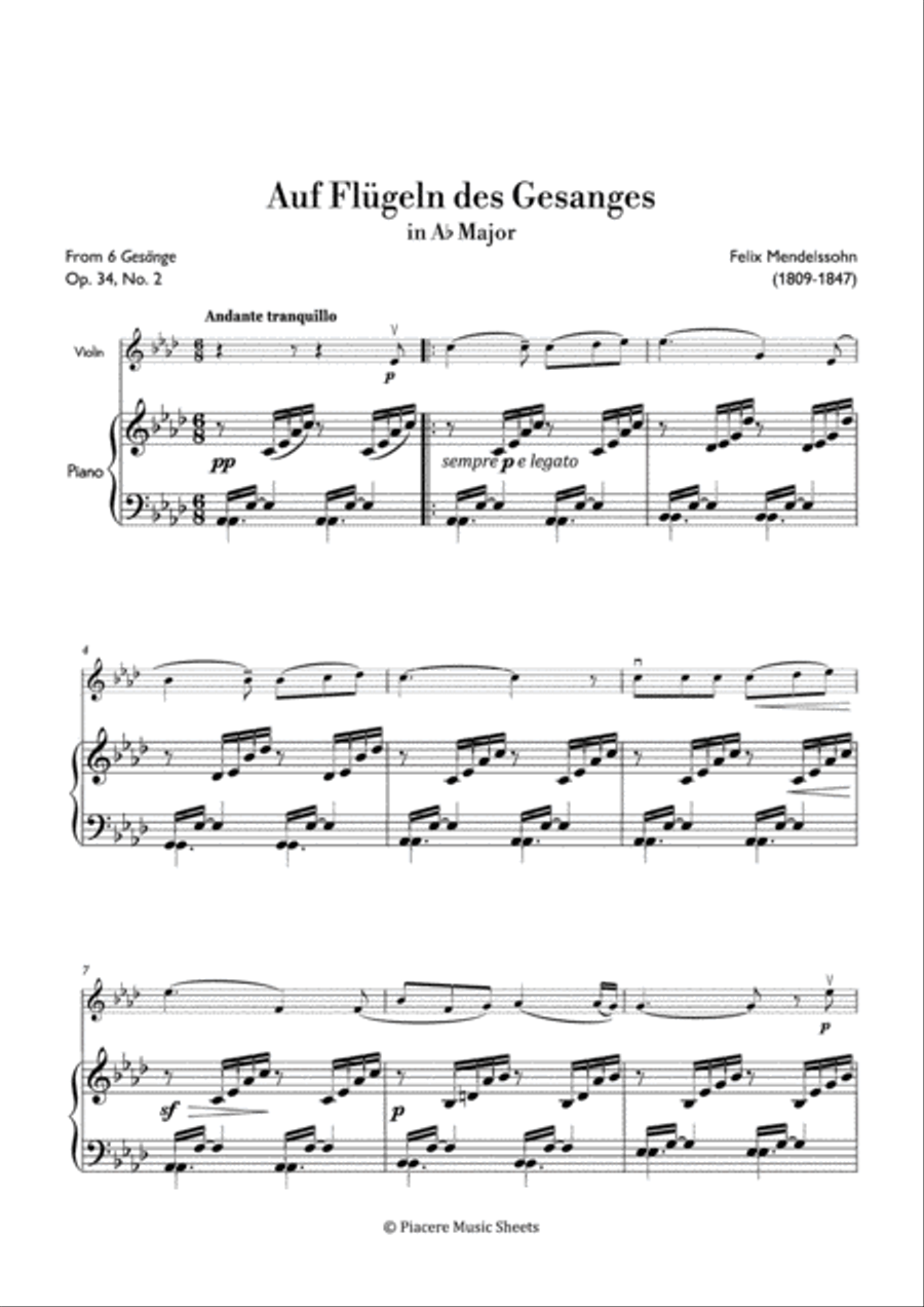 Mendelssohn - Auf Flügeln des Gesanges in A-flat major - Easy Violin Solo scores gallery preview page 2