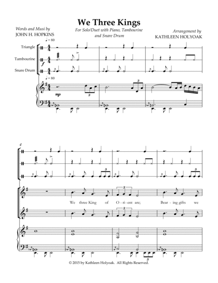 We Three Kings - Solo/Duet with Piano, Snare Drum, Tambourine & Triangle - Arr. by KATHLEEN HOLYOAK image number null