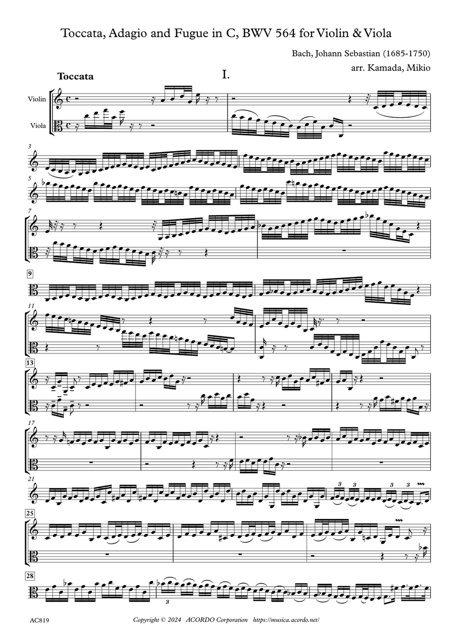 Toccata, Adagio and Fugue in C, BWV 564 for Violin & Viola Viola scores gallery preview page 1
