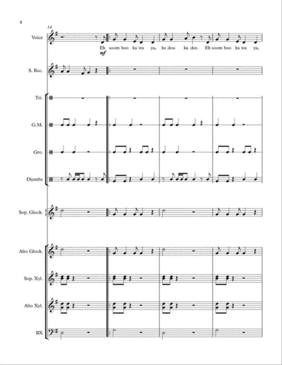 Eh Soom Boo Kawaya (African Folk Song) arranged for Orff Ensemble Orff Instrument scores gallery preview page 4