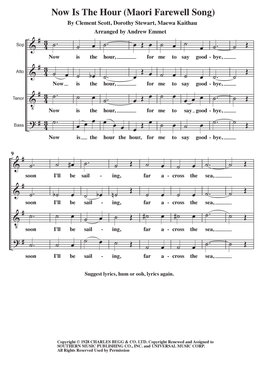 Now Is The Hour (maori Farewell Song) 4-Part scores gallery preview page 1