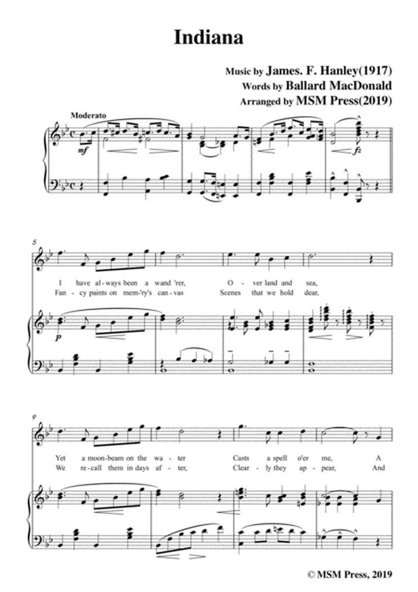 James F. Hanley-Indiana,in B flat Major,for Voice and Piano image number null
