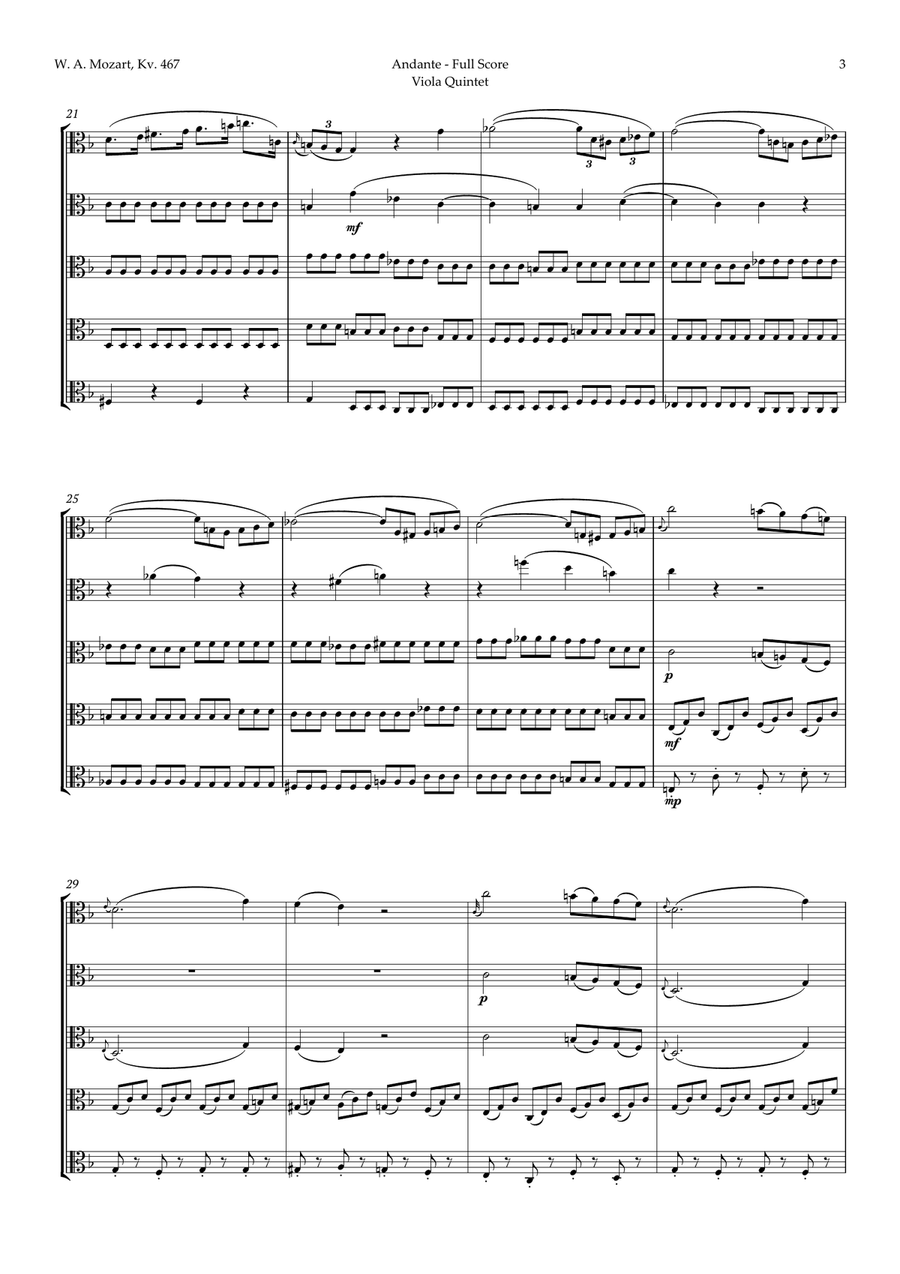 Andante from Piano Concerto No. 21 by Mozart for Viola Quintet String Quintet scores gallery preview page 3