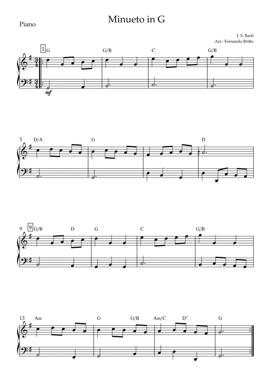 Minueto in G (J. S. Bach) for Piano Solo with Chords Minueto in G (J. S. Bach) for Piano Solo with Chords Piano Solo scores gallery preview page 1