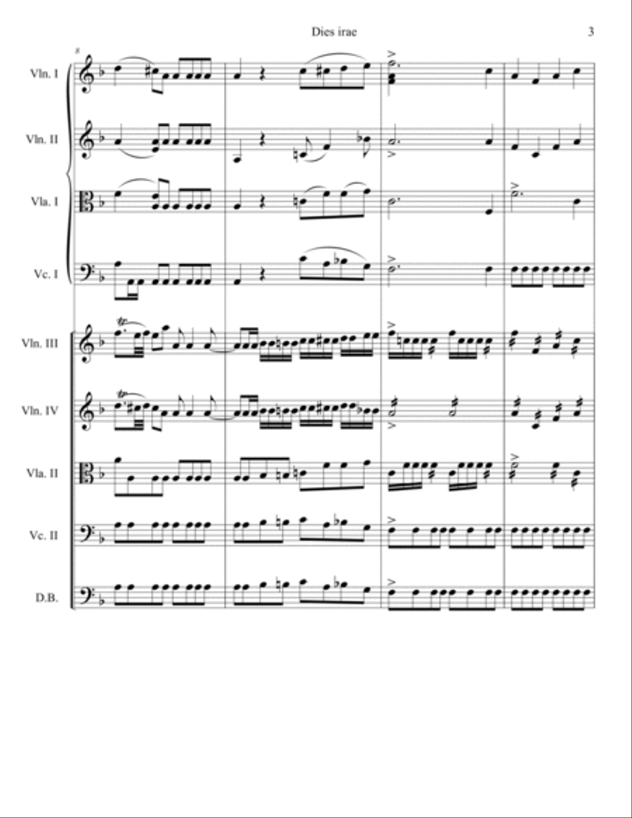 Dies irae, from W. A. Mozart's Requiem. Double string orchestra. Score & parts. String Orchestra scores gallery preview page 3