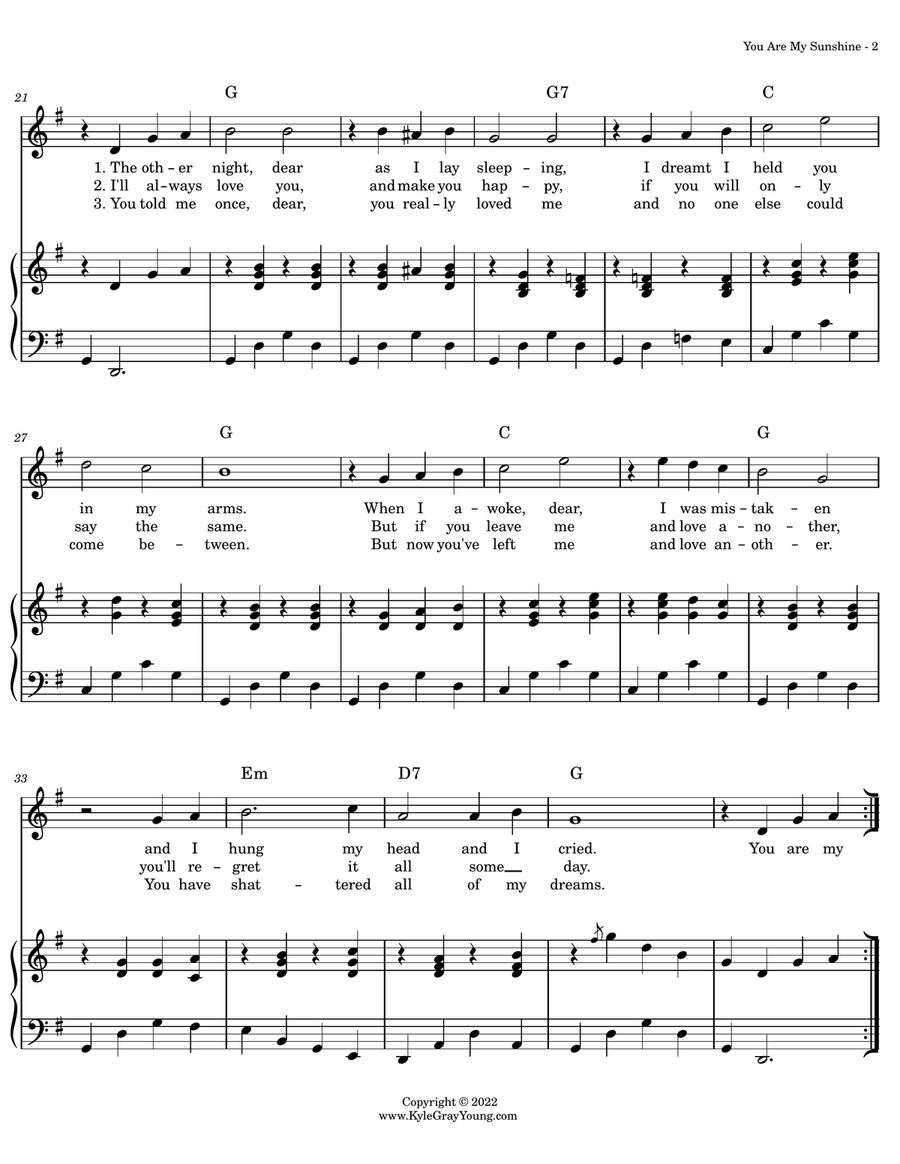 You Are My Sunshine (key of G) Piano, Vocal scores gallery preview page 2