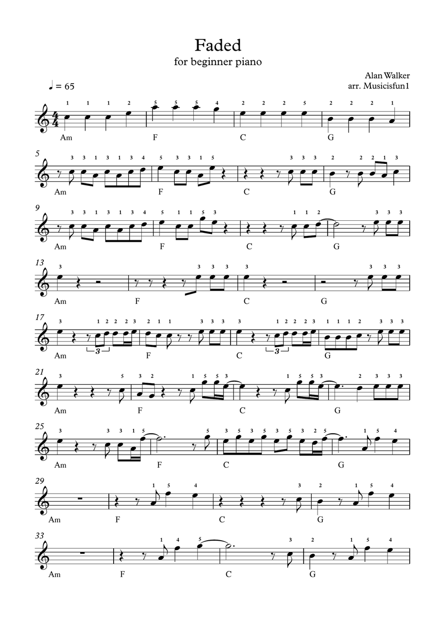 Faded Easy Piano scores gallery preview page 1