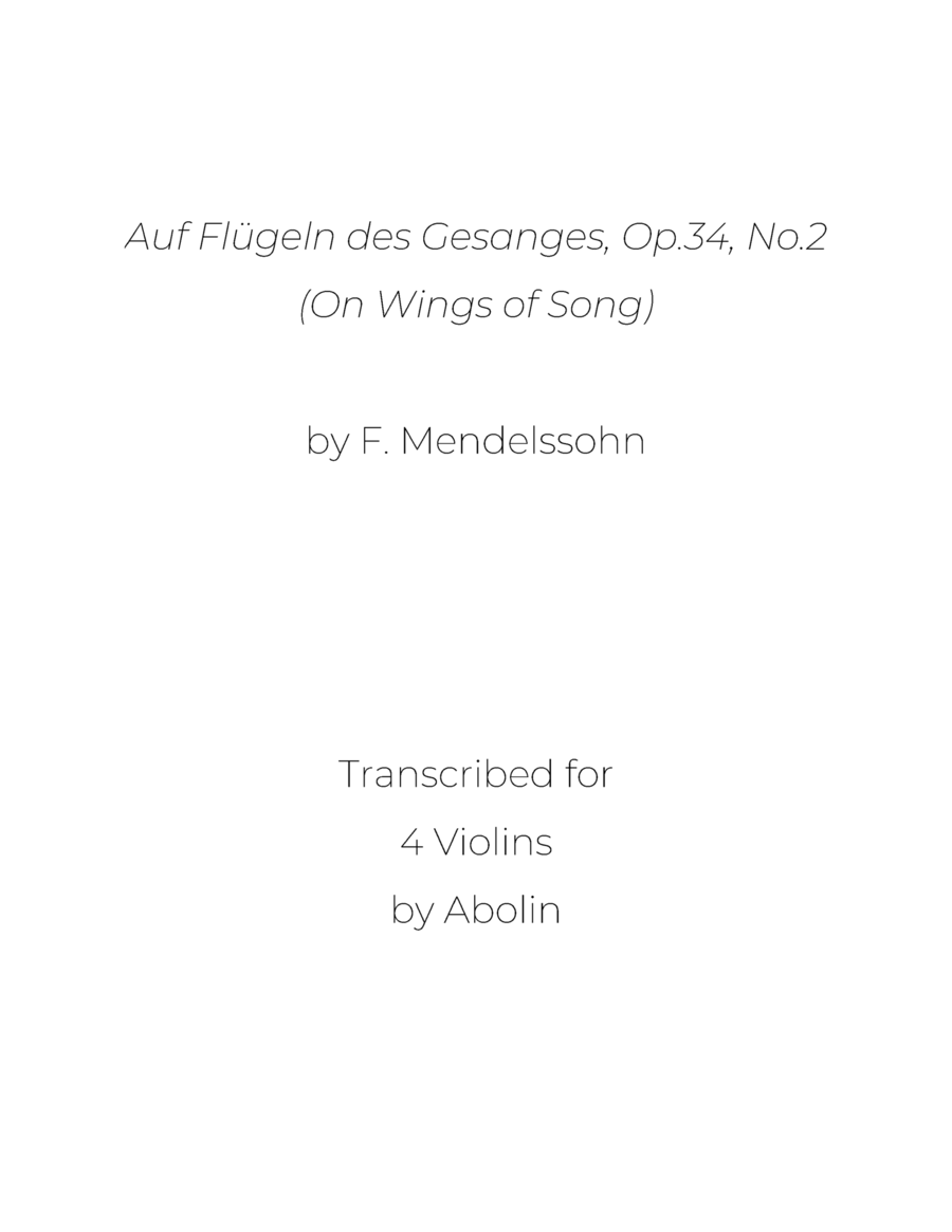 Mendelssohn: On Wings of Song, Op.34, No.2 - arr. for Violin Quartet String Quartet scores gallery preview page 1