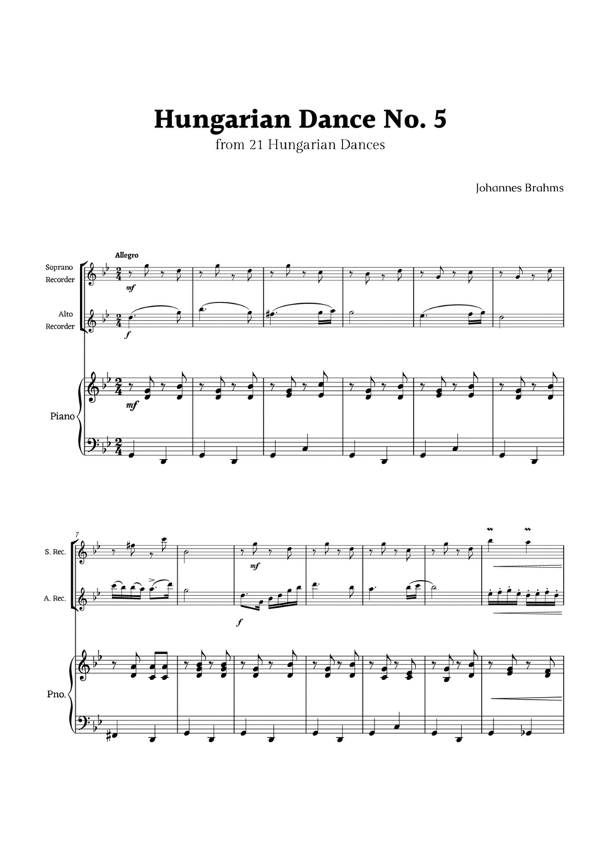 Hungarian Dance No. 5 by Brahms for Recorder Duet with Piano image number null