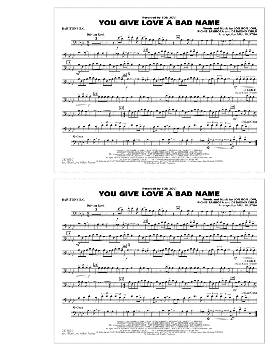 You Give Love a Bad Name - Baritone B.C. Marching Band scores gallery preview page 1